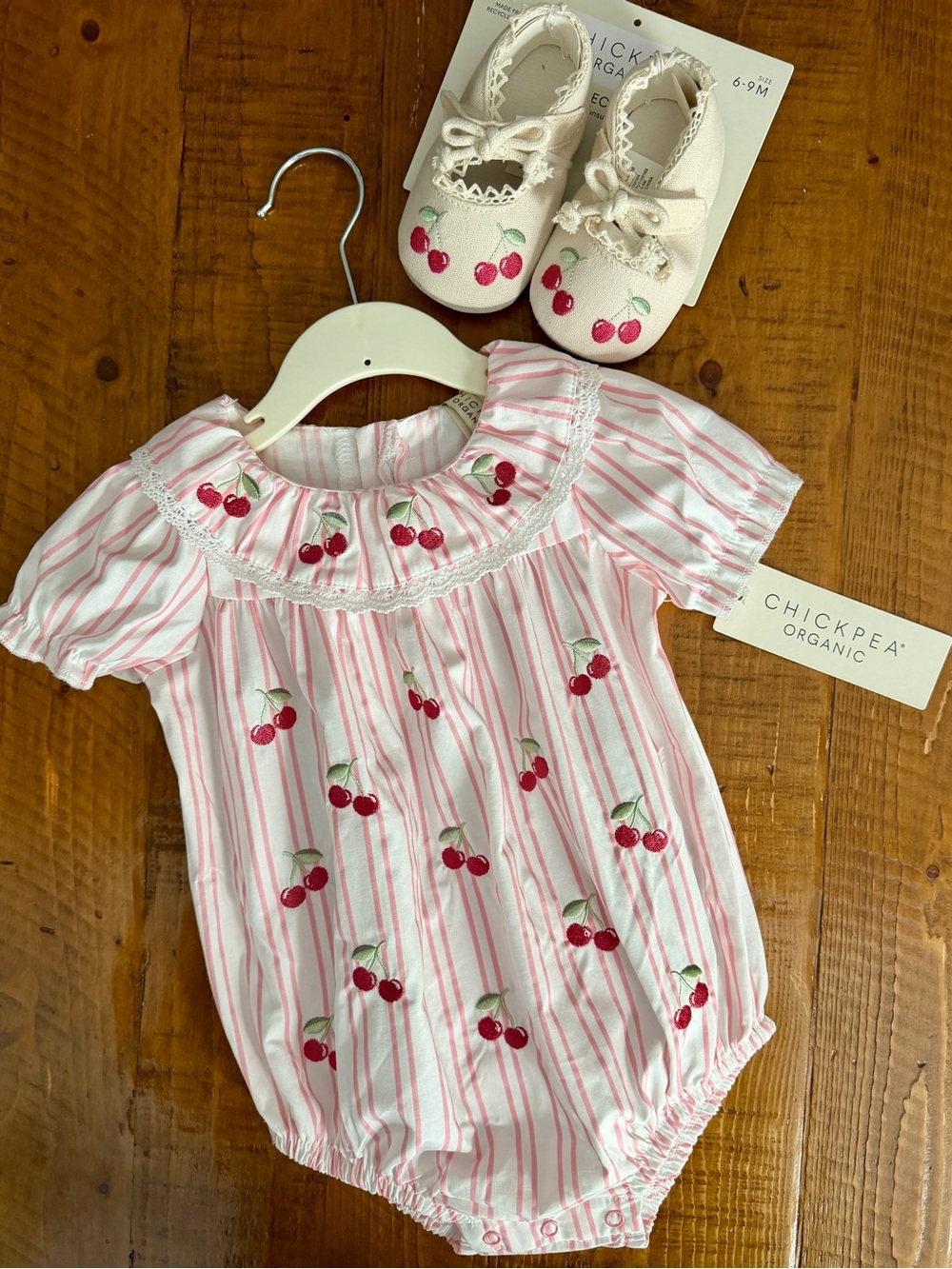 Organic Pink striped Cherry-embroidered Baby Romper/bubble outfit with shoes
